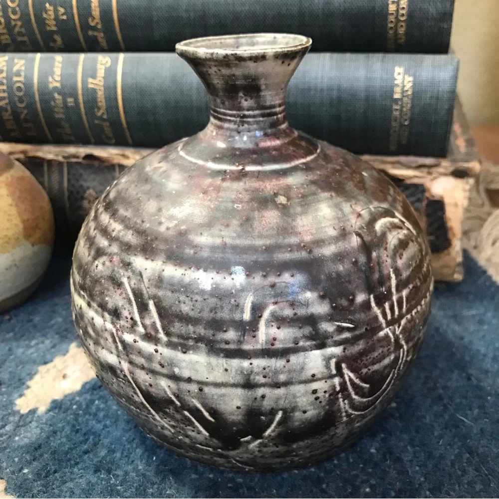 Vintage 70s Black Gray Brown Shoji Sgrafitto Stoneware Pottery Vase Signed Rosen